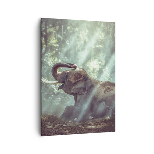 Impression sur toile - Image sur toile - Un garçon et un éléphant dans un décor forestier éclairé par la lumière du soleil - 50x70cm - Et écoute ça… - Décoration murale moderne pour le salon et la chambre ARTTOR