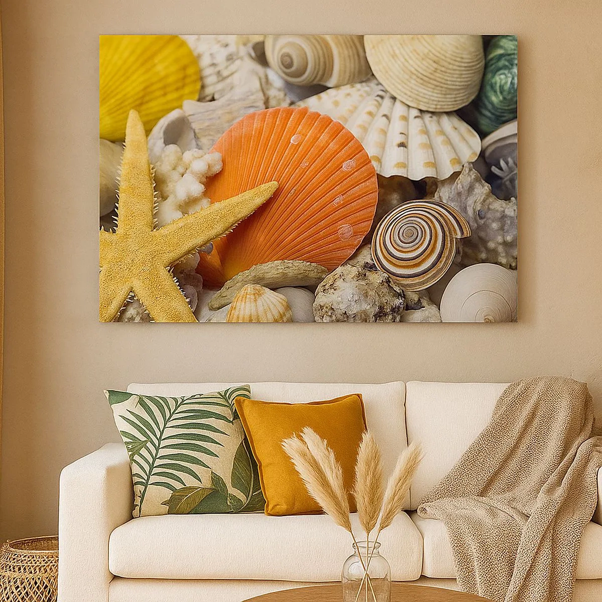 Impression sur toile - Image sur toile - Coquillages et étoiles de mer dans une composition marine - 70x50cm - Trésors de l'océan - Décoration murale moderne pour le salon et la chambre ARTTOR