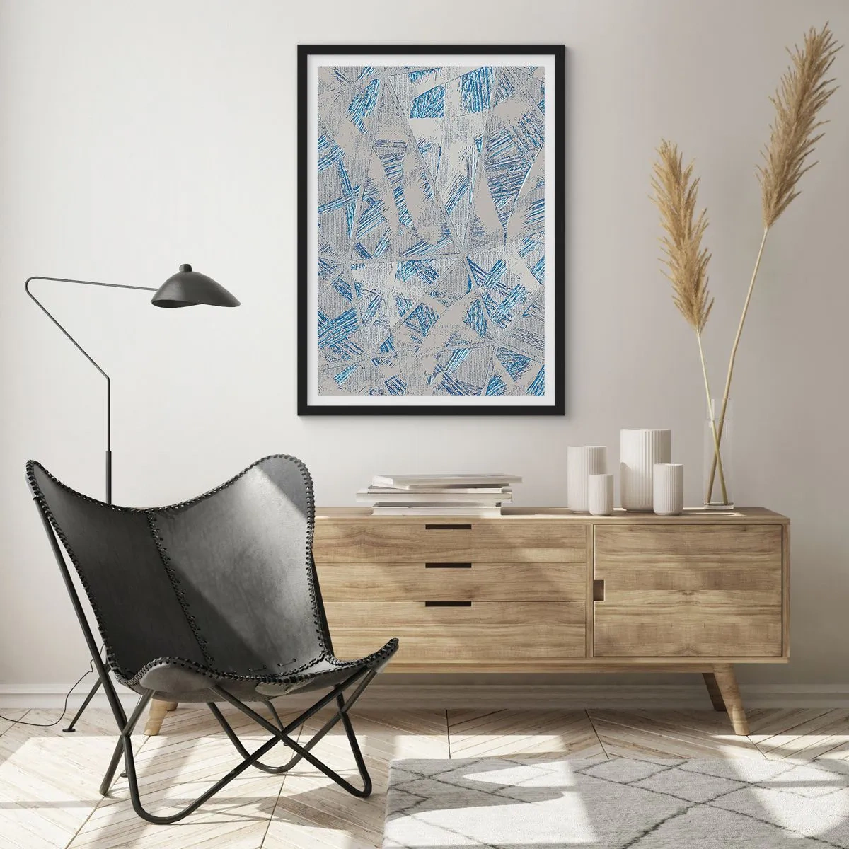 Affiche dans un cadre noir - Poster - Abstraction géométrique dans les tons de bleu et de gris - 50x70cm - Dans un labyrinthe bleu-gris - Décoration murale moderne pour le salon et la chambre ARTTOR