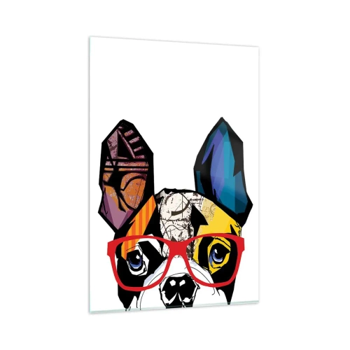 Impression sur verre - Image sur verre - Bouledogue dans une illustration colorée avec des lunettes rouges - 80x120cm - Intellectuel - Décoration murale moderne pour le salon et la chambre ARTTOR