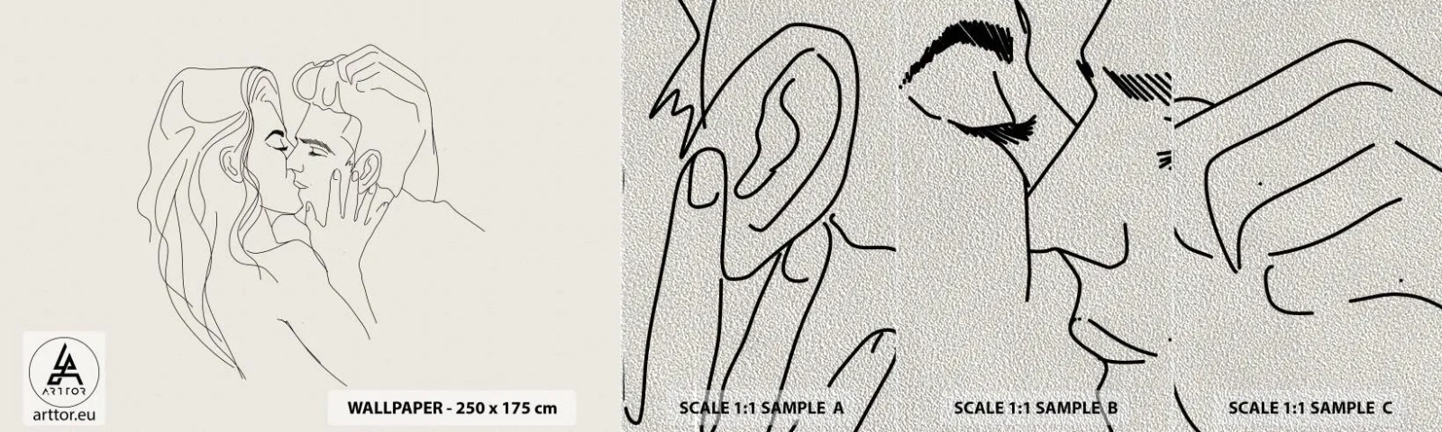 Échantillon de Papier Peint Premium Sand - Enlacé de sentiment - Graphique, Couple amoureux, Baiser - 100x30 cm