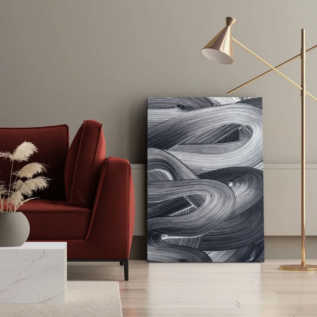 Impression sur toile - Image sur toile - Abstraction en noir et blanc avec des coups de pinceau dynamiques. - 50x70cm - La fluidité de la réalité - Décoration murale moderne pour le salon et la chambre ARTTOR