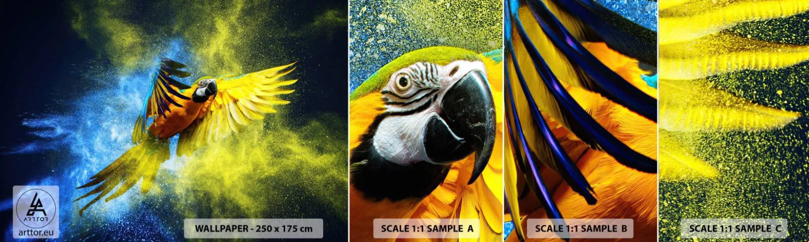 Échantillon De Papier Peint Standard Eco - Dans la poussière bleue et dorée - Perroquet, Abstraction, Morceau - 100x30 cm