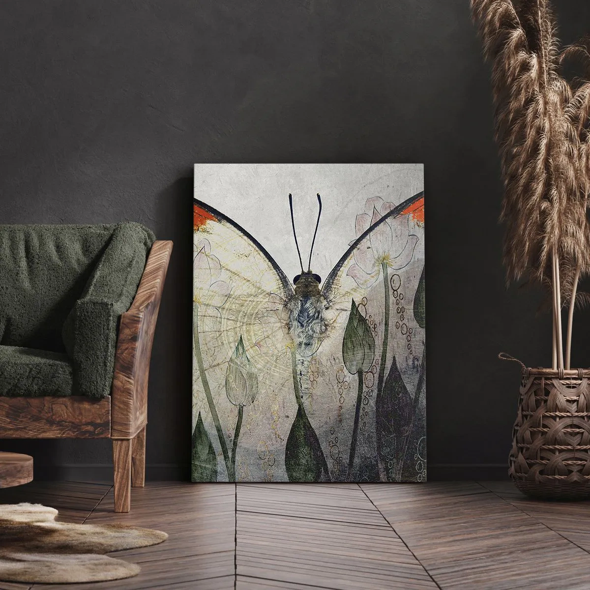 Impression sur toile - Image sur toile - Un papillon aux ailes orange sur un fond de fleurs stylisées. - 70x100cm - "Où est le papillon qui se balance sur l'herbe" - Décoration murale moderne pour le salon et la chambre ARTTOR