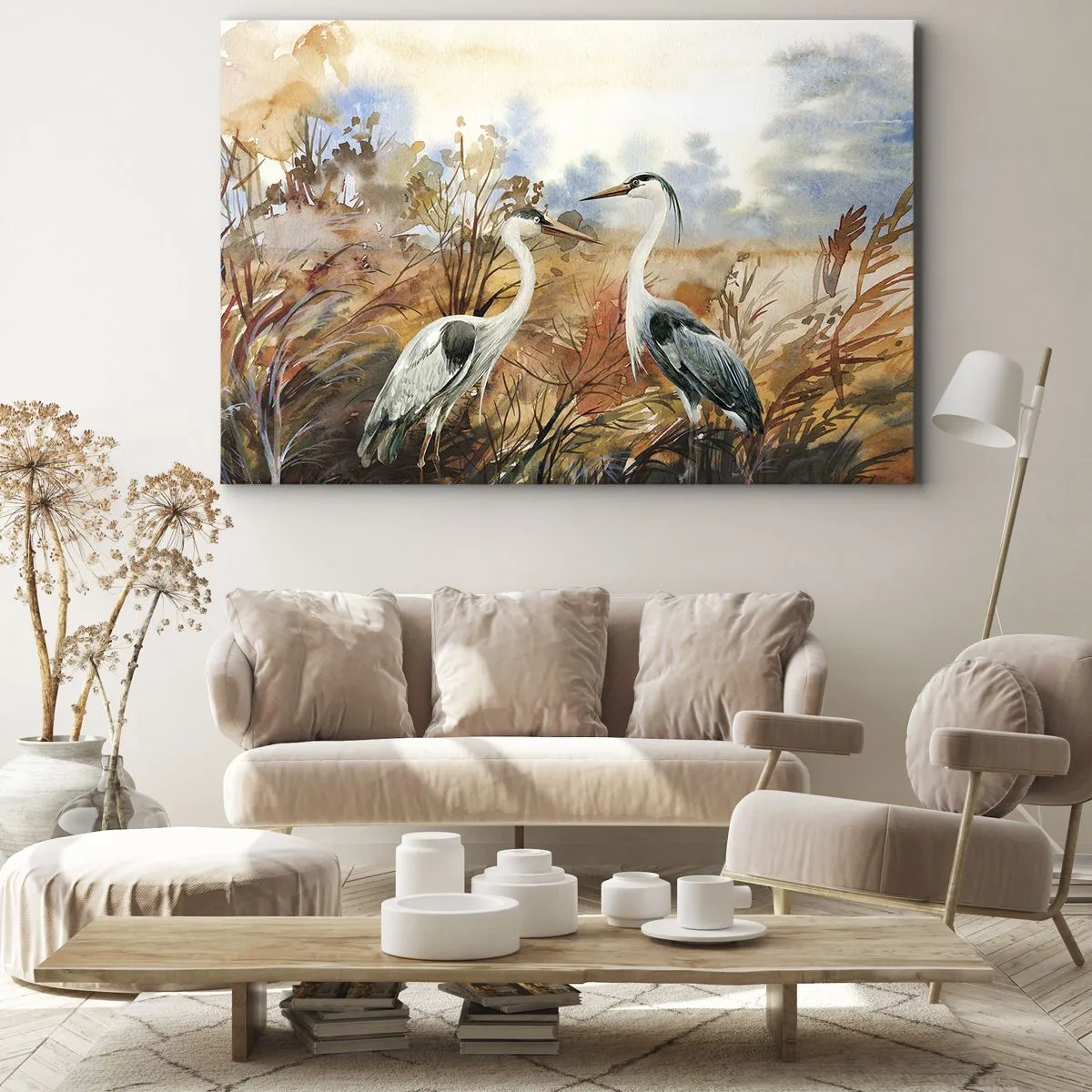 Impression sur toile - Image sur toile - Deux hérons sur fond de paysage d'automne - 70x50cm - Jusqu'où en automne ? - Décoration murale moderne pour le salon et la chambre ARTTOR