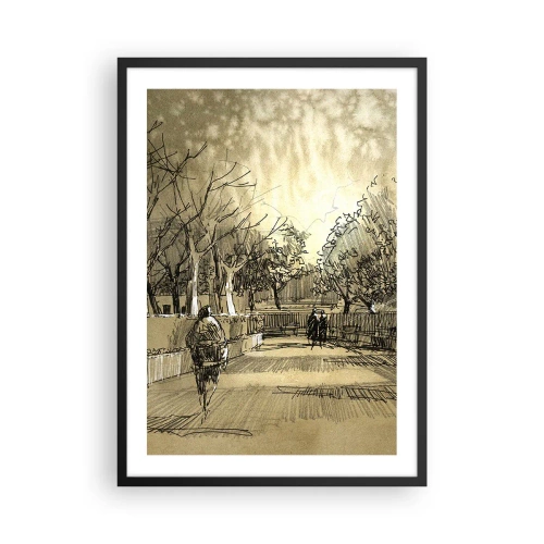 Affiche dans un cadre noir - Poster - Illustration de parc de style croquis aux tons sépia - 50x70cm - Un moment arrêté avec une plume - Décoration murale moderne pour le salon et la chambre ARTTOR