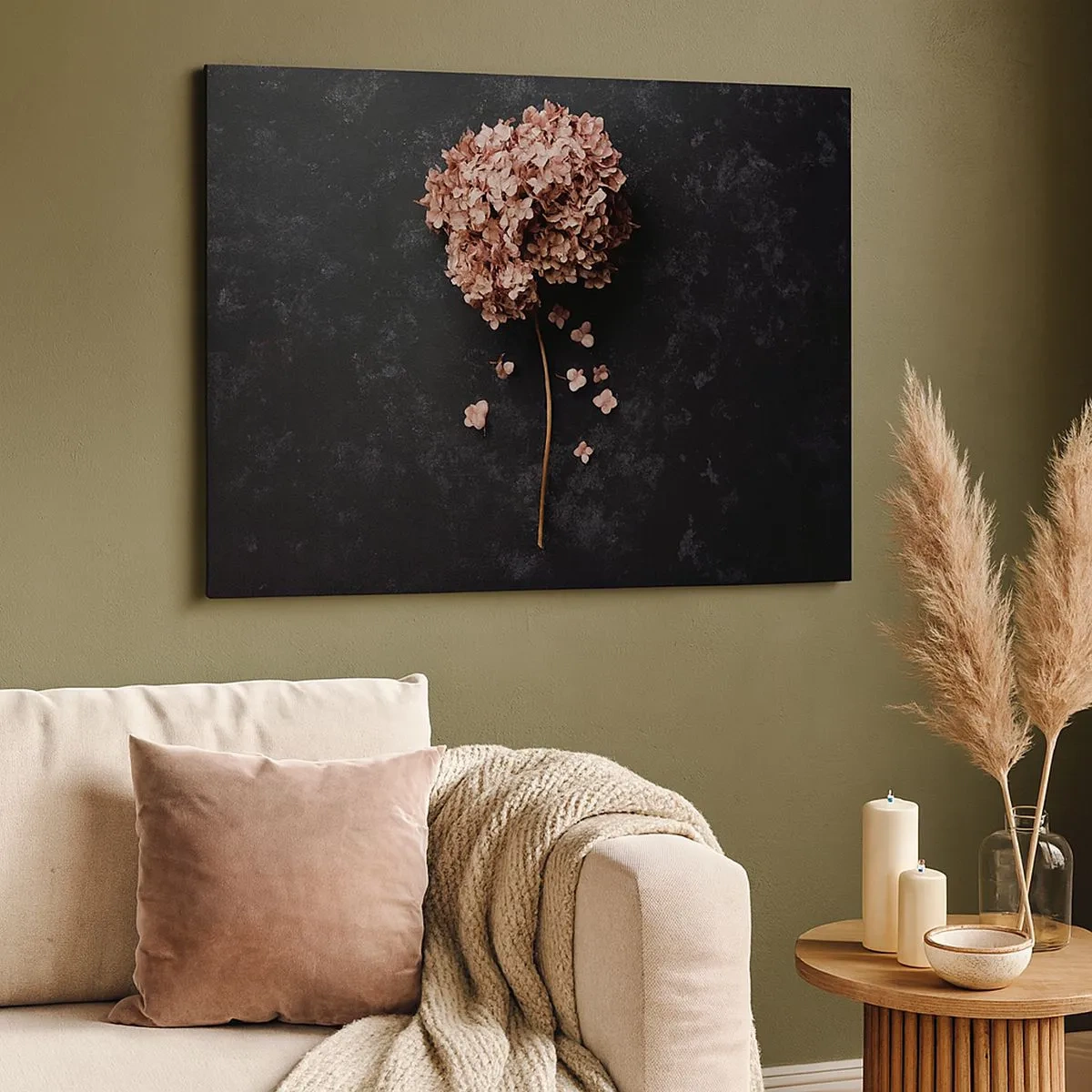 Impression sur toile - Image sur toile - Une délicate fleur d'hortensia sur un fond sombre - 70x50cm - Un signe vraiment romantique - Décoration murale moderne pour le salon et la chambre ARTTOR