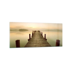 Impression sur verre - Image sur verre - Une jetée en bois sur un lac calme le matin - 120x50cm - L'aube, les premières lueurs, le jour  - Décoration murale moderne pour le salon et la chambre ARTTOR