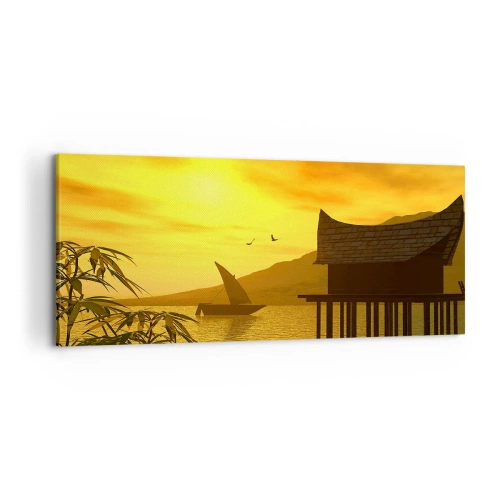 Impression sur toile - Image sur toile - Coucher de soleil tropical sur l'eau avec une maison en bois sur pilotis. - 120x50cm - La paix tant désirée - Décoration murale moderne pour le salon et la chambre ARTTOR