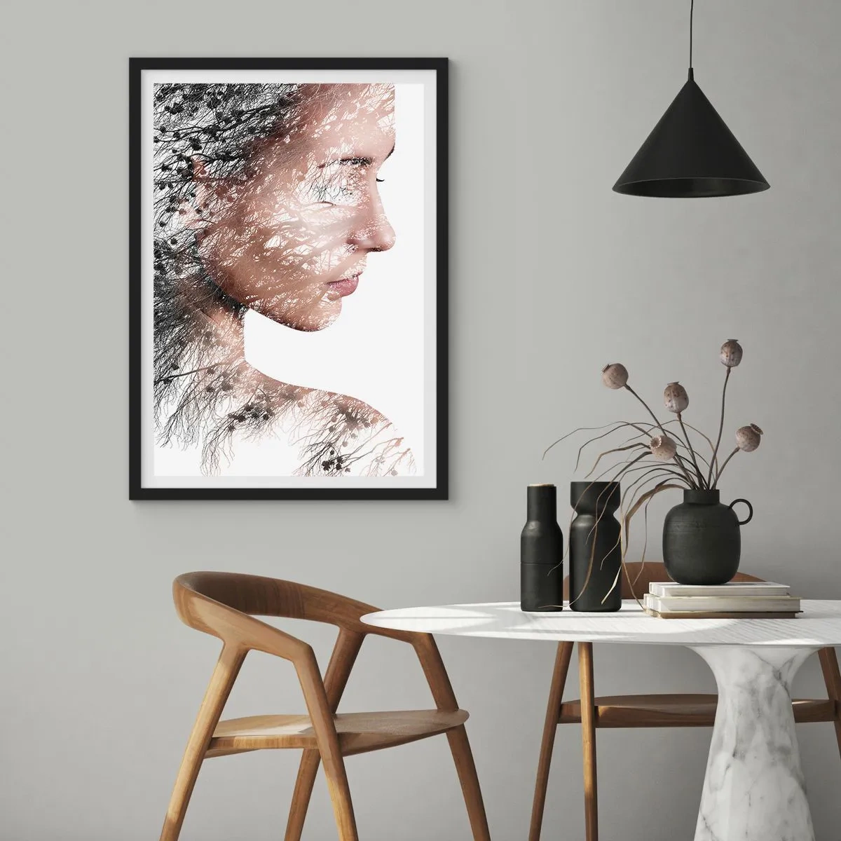 Affiche dans un cadre noir - Poster - Portrait en double exposition d'une femme avec un motif de nature - 50x70cm - L'âme de la forêt - Décoration murale moderne pour le salon et la chambre ARTTOR