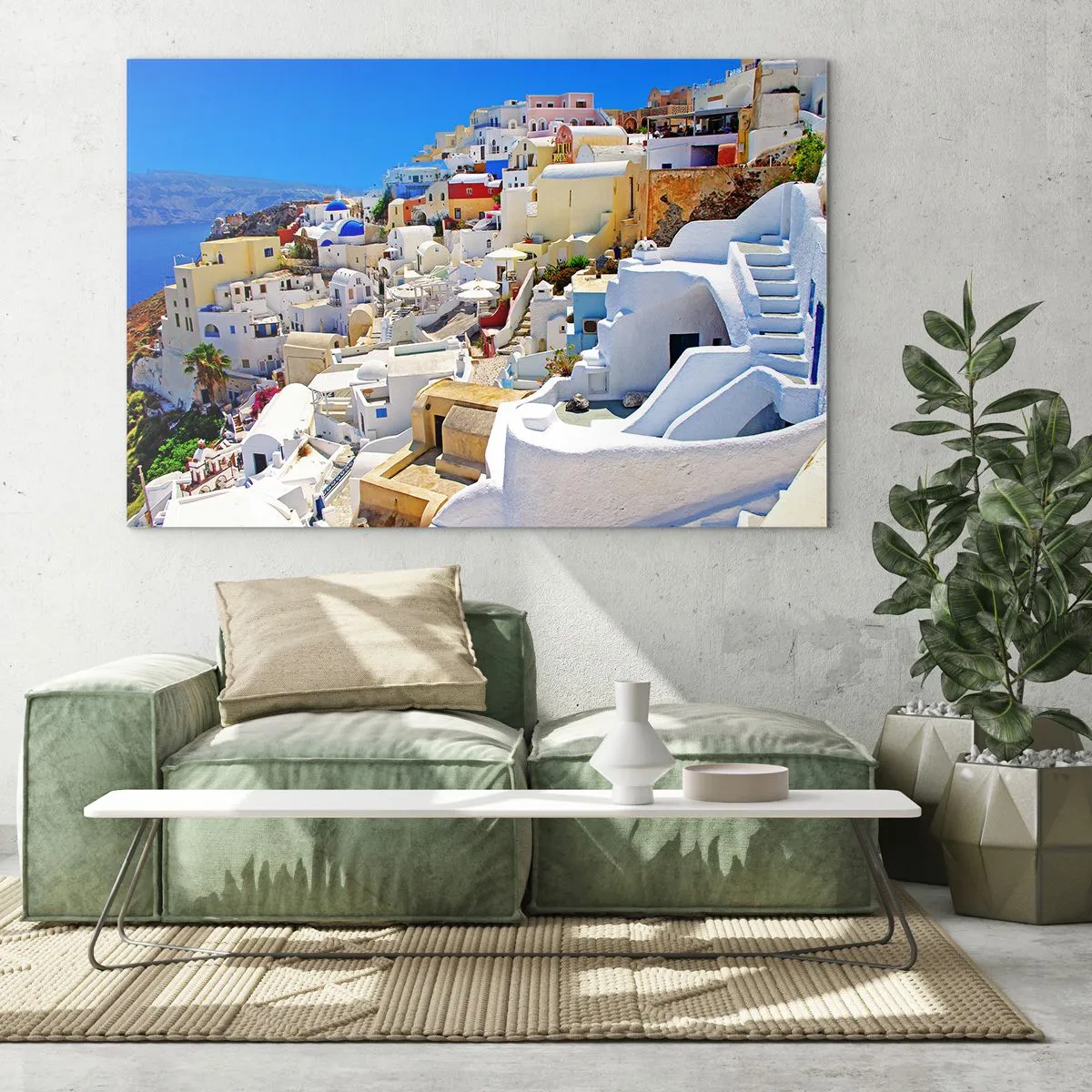 Impression sur verre - Image sur verre - Santorin avec des maisons blanches contre un ciel bleu - 120x80cm - Le rêve d'un été grec - Décoration murale moderne pour le salon et la chambre ARTTOR