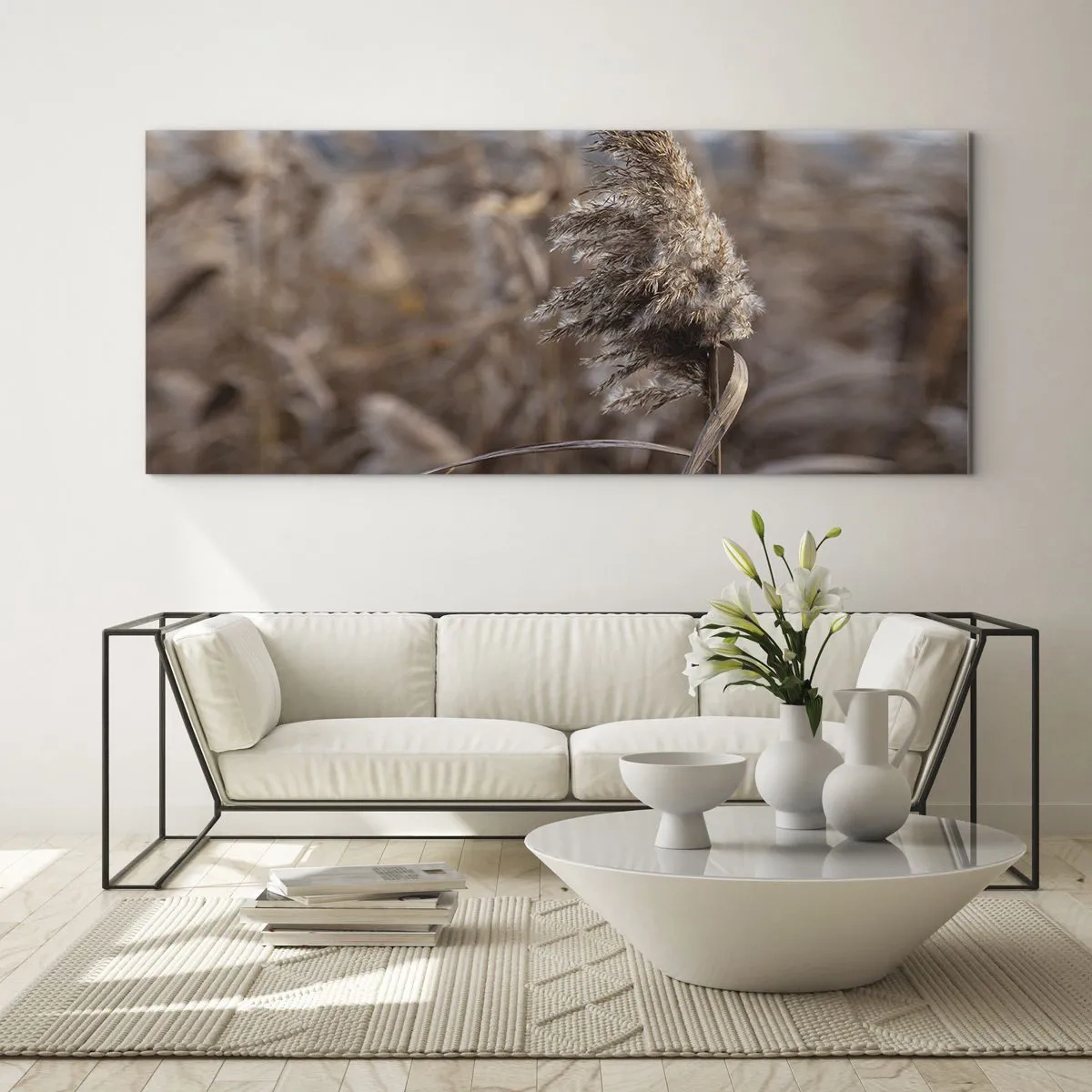 Impression sur verre - Image sur verre - Graminées délicates dans des tons beiges sur fond de nature - 120x50cm - Il est temps de s'envoler avec le vent - Décoration murale moderne pour le salon et la chambre ARTTOR