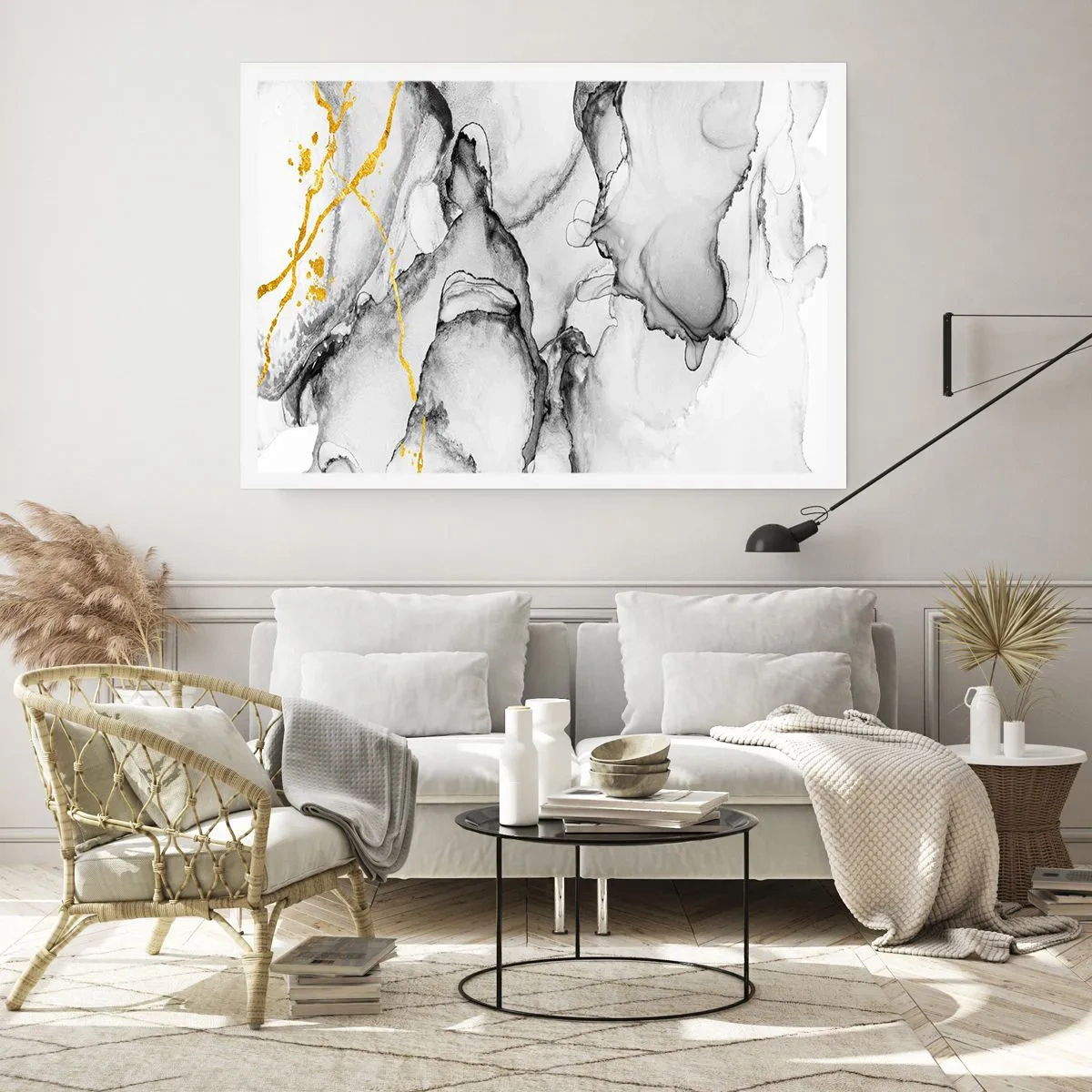 Affiche - Poster - Motifs abstraits en noir et blanc avec des accents dorés - 100x70cm - Composition à motif or - Décoration murale moderne pour le salon et la chambre ARTTOR