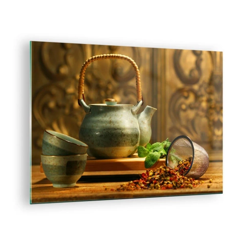 Impression sur verre - Image sur verre - Service à thé en céramique avec des herbes dans une décoration classique - 70x50cm - Un traité sur la consommation de thé - Décoration murale moderne pour le salon et la chambre ARTTOR