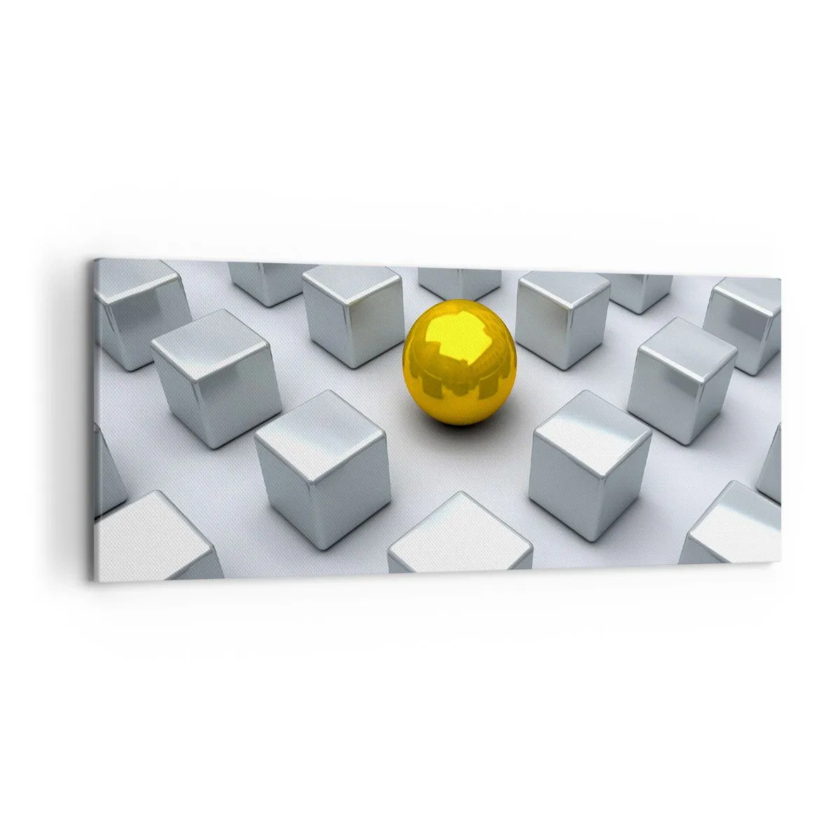 Impression sur toile - Image sur toile - Une sphère dorée se détachant parmi les cubes d'argent - 120x50cm - Pourquoi moi? Composition géométrique - Décoration murale moderne pour le salon et la chambre ARTTOR