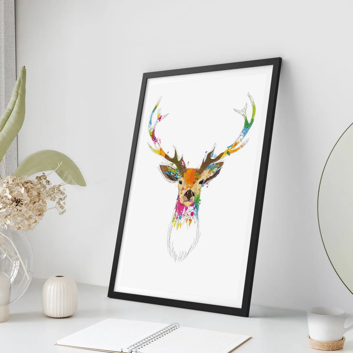 Affiche dans un cadre noir - Poster - Un cerf doux baigné de couleur - 70x100 cm