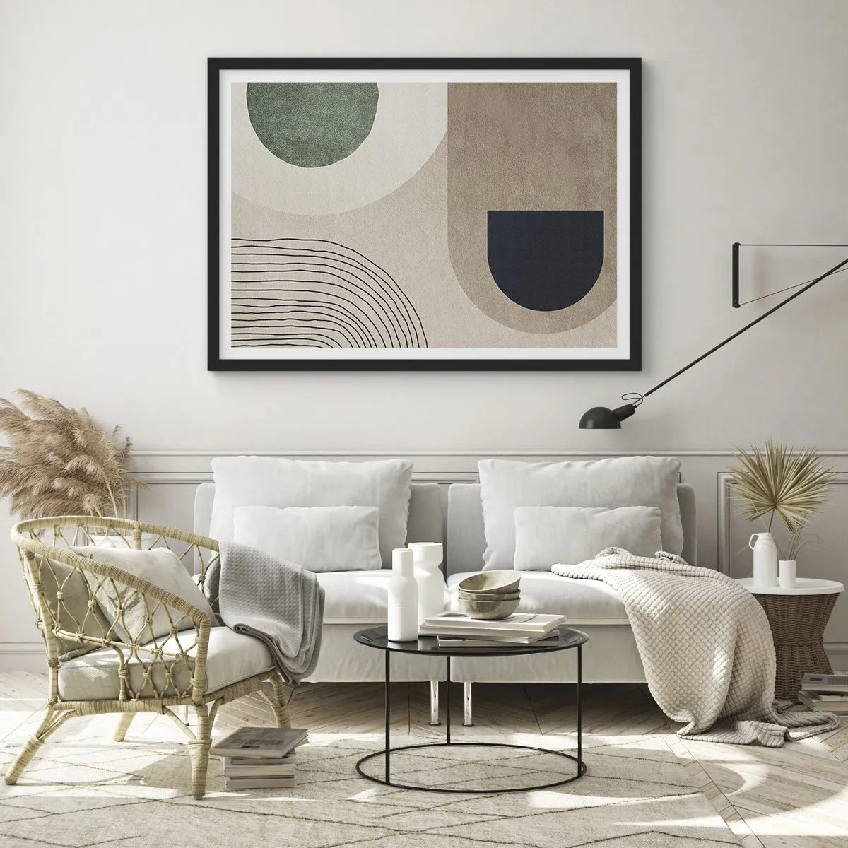 Affiche dans un cadre noir - Poster - Formes géométriques dans les tons beige et vert - 70x50cm - La douceur de l'ovale - Décoration murale moderne pour le salon et la chambre ARTTOR