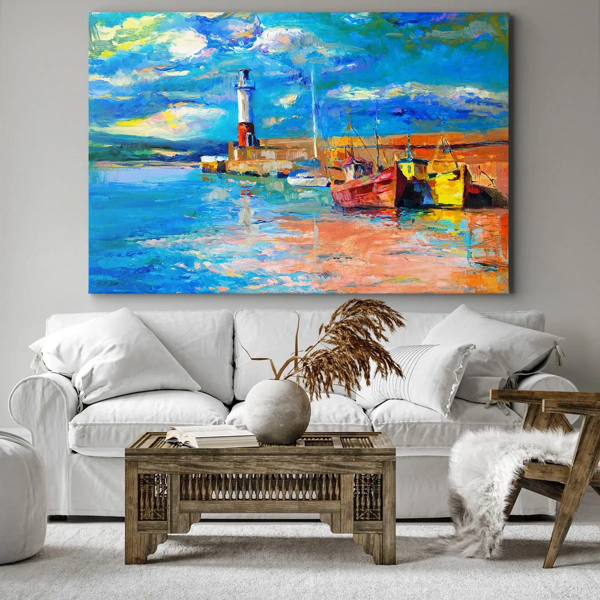 Impression sur toile - Image sur toile - Port de pêche avec bateaux et phare aux couleurs vives - 70x50cm - Un après-midi dans la baie arc-en-ciel - Décoration murale moderne pour le salon et la chambre ARTTOR