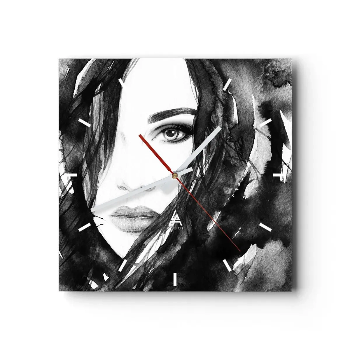 Horloge murale - Pendule murale - Portrait de femme à l'aquarelle noir et blanc - 30x30cm - Portrait d'une dame en noir et blanc - Décoration murale moderne pour le salon et la chambre ARTTOR