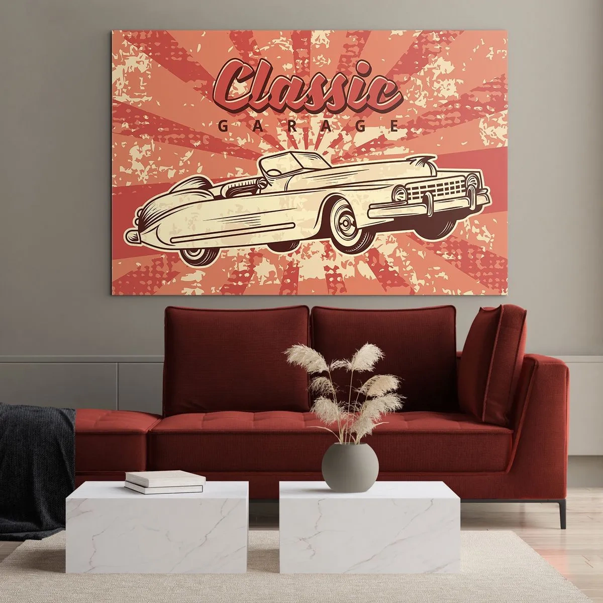 Impression sur verre - Image sur verre - Graphique rétro d'une voiture classique sur fond de rayons - 120x80cm - Et à la radio, Elvis - Décoration murale moderne pour le salon et la chambre ARTTOR