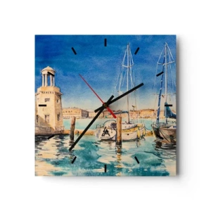 Horloge murale - Pendule murale - Marina avec bateaux sur fond de lagon bleu - 30x30cm - Lagune ensoleillée - Décoration murale moderne pour le salon et la chambre ARTTOR