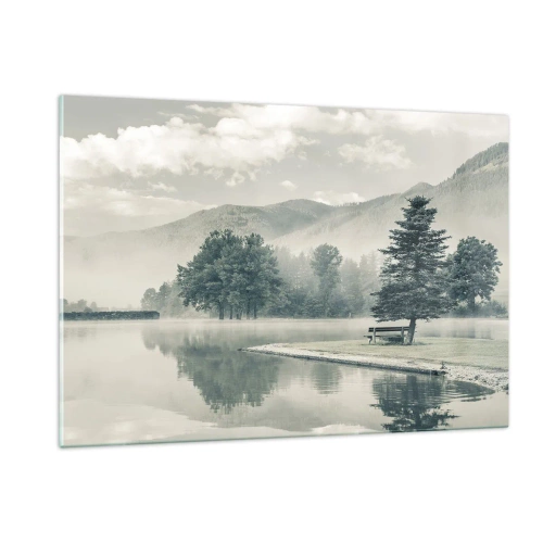 Impression sur verre - Image sur verre - Un lac calme le matin avec un banc et du brouillard sur l'eau - 120x80cm - Le lac dort encore - Décoration murale moderne pour le salon et la chambre ARTTOR