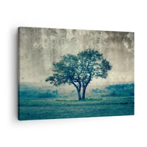 Impression sur toile - Image sur toile - Un arbre solitaire dans un paysage brumeux - 70x50cm - Un pommier sur un champ bleu ? - Décoration murale moderne pour le salon et la chambre ARTTOR