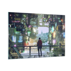 Impression sur verre - Image sur verre - Une figure sur fond de ville futuriste avec vue sur la vieille ville - 100x70cm - Deux mondes - Décoration murale moderne pour le salon et la chambre ARTTOR