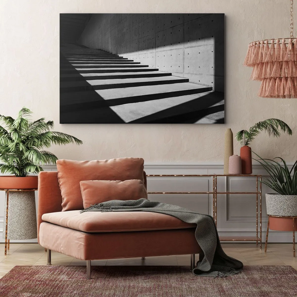Impression sur toile - Image sur toile - Escaliers de style minimaliste en noir et blanc - 70x50cm - La beauté brute du modernisme - Décoration murale moderne pour le salon et la chambre ARTTOR