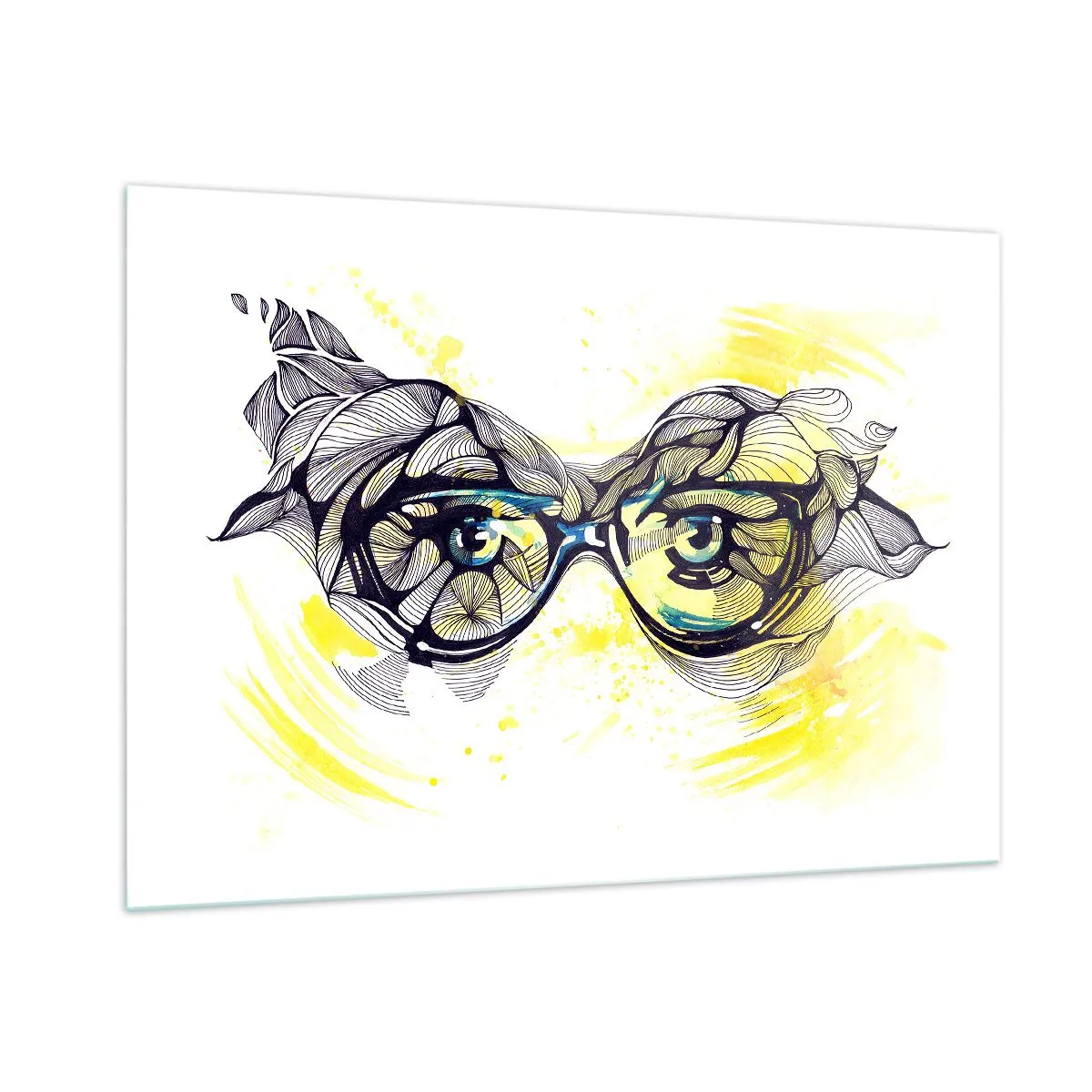 Impression sur verre - Image sur verre - Lunettes avec motifs artistiques et yeux sur fond jaune - 100x70cm - À travers des lunettes bleues - Décoration murale moderne pour le salon et la chambre ARTTOR
