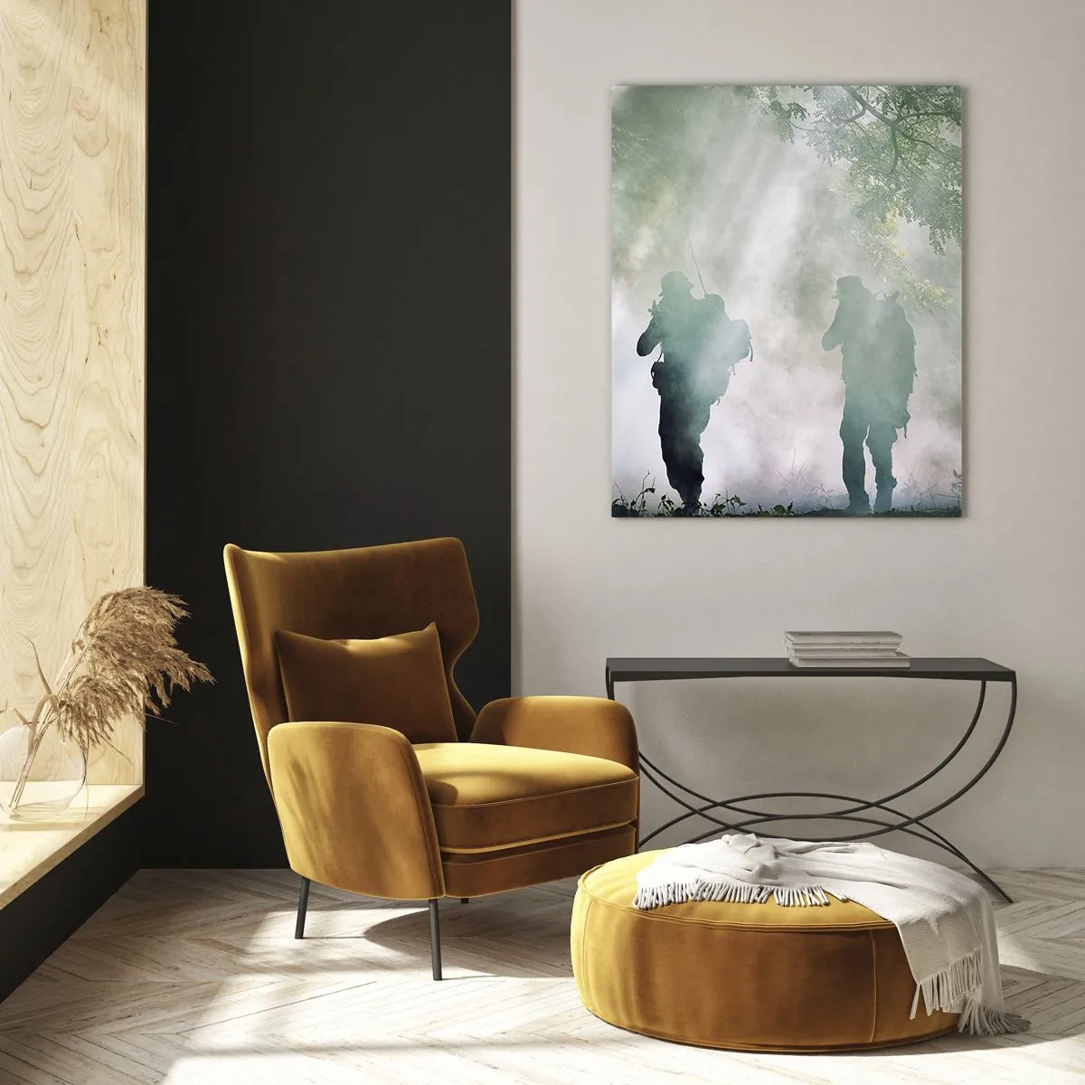 Impression sur verre - Image sur verre - Silhouettes de soldats dans une forêt entourée de brouillard - 80x120cm - Un pour tous… - Décoration murale moderne pour le salon et la chambre ARTTOR