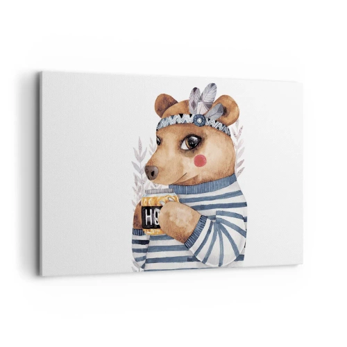 Impression sur toile - Image sur toile - Un ours en peluche dans un pull rayé avec une tasse de miel - 120x80cm - Un nounours trop mignon - Décoration murale moderne pour le salon et la chambre ARTTOR
