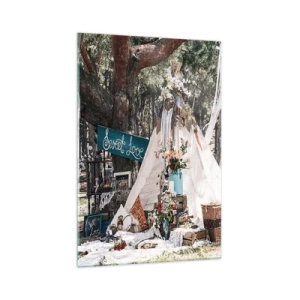 Impression sur verre - Image sur verre - Décoration bohème avec un tipi dans la forêt - 70x100cm - Make love… - Décoration murale moderne pour le salon et la chambre ARTTOR