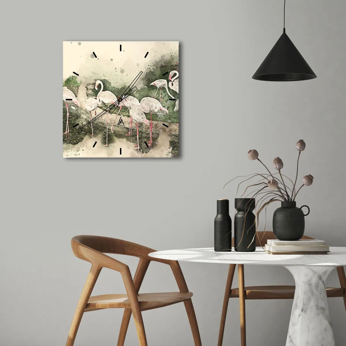 Horloge murale - Pendule murale - Flamants roses dans leur environnement naturel dans un style aquarelle - 30x30cm - Rêve exotique - Décoration murale moderne pour le salon et la chambre ARTTOR