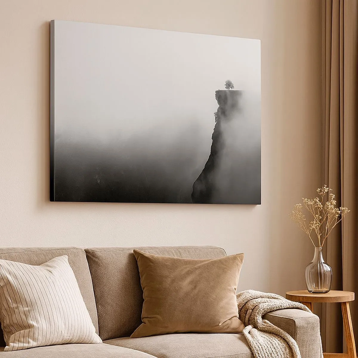 Impression sur toile - Image sur toile - Un arbre solitaire au bord d'une falaise entouré de brouillard - 70x50cm - Au bord du monde - Décoration murale moderne pour le salon et la chambre ARTTOR