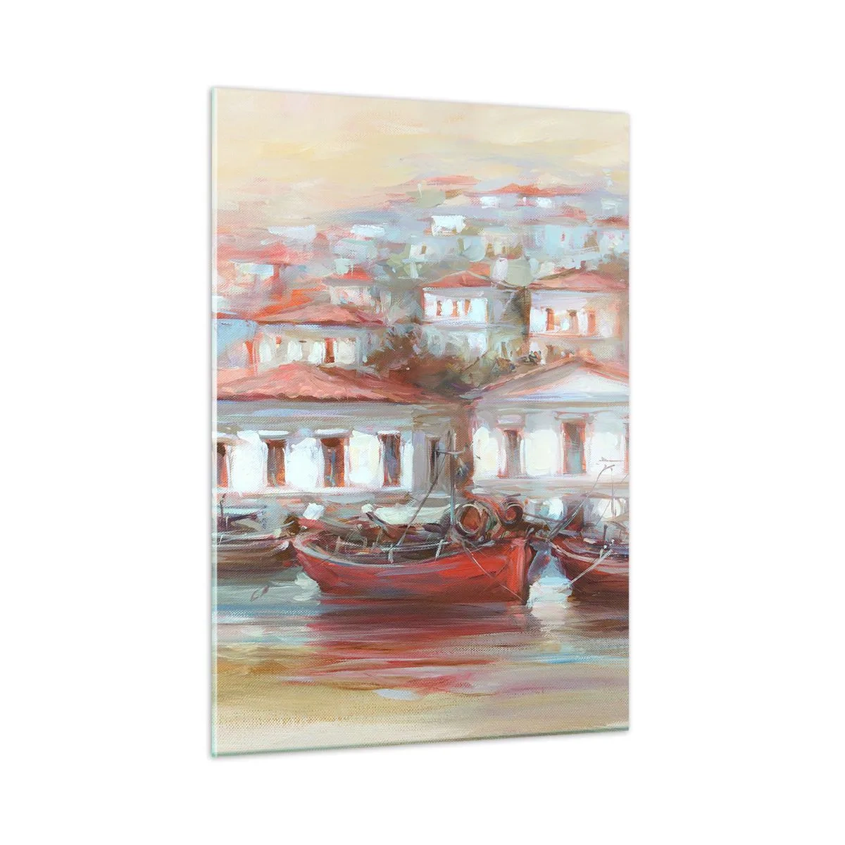 Impression sur verre - Image sur verre - Une ville pittoresque avec des bateaux dans le port au coucher du soleil - 50x70cm - Petite ville heureuse - Décoration murale moderne pour le salon et la chambre ARTTOR