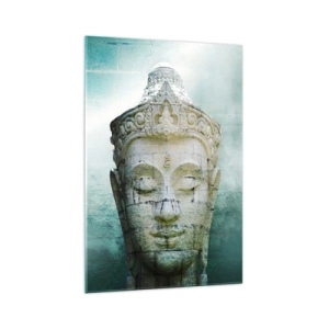 Impression sur verre - Image sur verre - Statue de Bouddha avec une douce brume sur un fond vert - 70x100cm - A la recherche de la lumière - Décoration murale moderne pour le salon et la chambre ARTTOR
