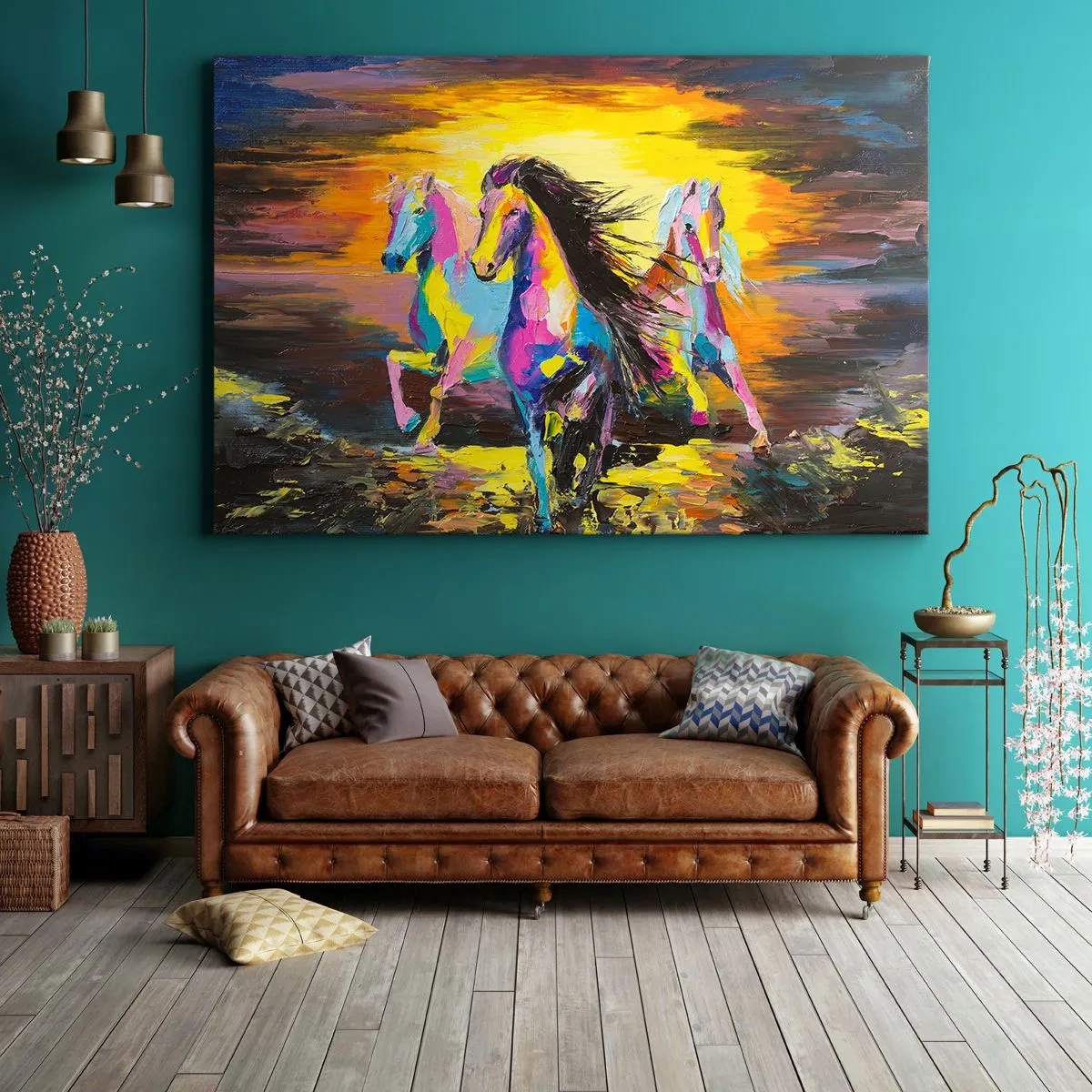 Impression sur toile - Image sur toile - Chevaux colorés galopant sur fond de soleil couchant - 100x70cm - Immergé dans l'arc-en-ciel - Décoration murale moderne pour le salon et la chambre ARTTOR