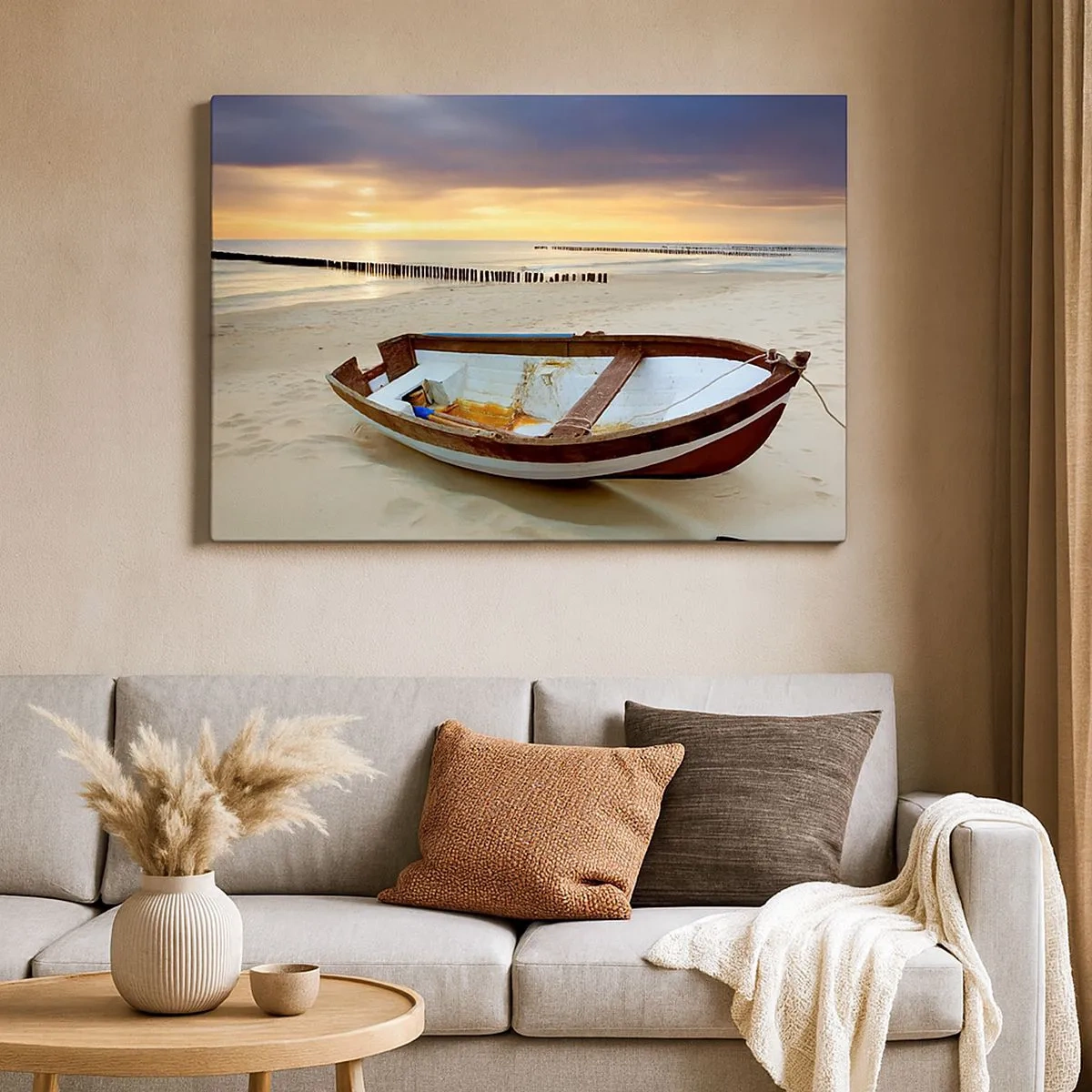 Impression sur toile - Image sur toile - Un bateau sur une plage de sable au coucher du soleil - 70x50cm - Il n'y a pas de plus belles plages - Décoration murale moderne pour le salon et la chambre ARTTOR
