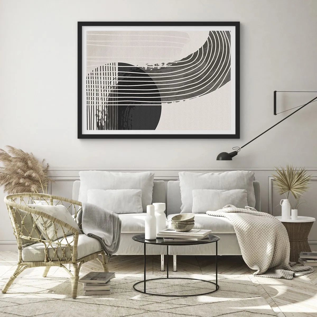 Affiche dans un cadre noir - Poster - Motif abstrait avec des lignes et des formes géométriques - 70x50cm - Aller et retour - Décoration murale moderne pour le salon et la chambre ARTTOR