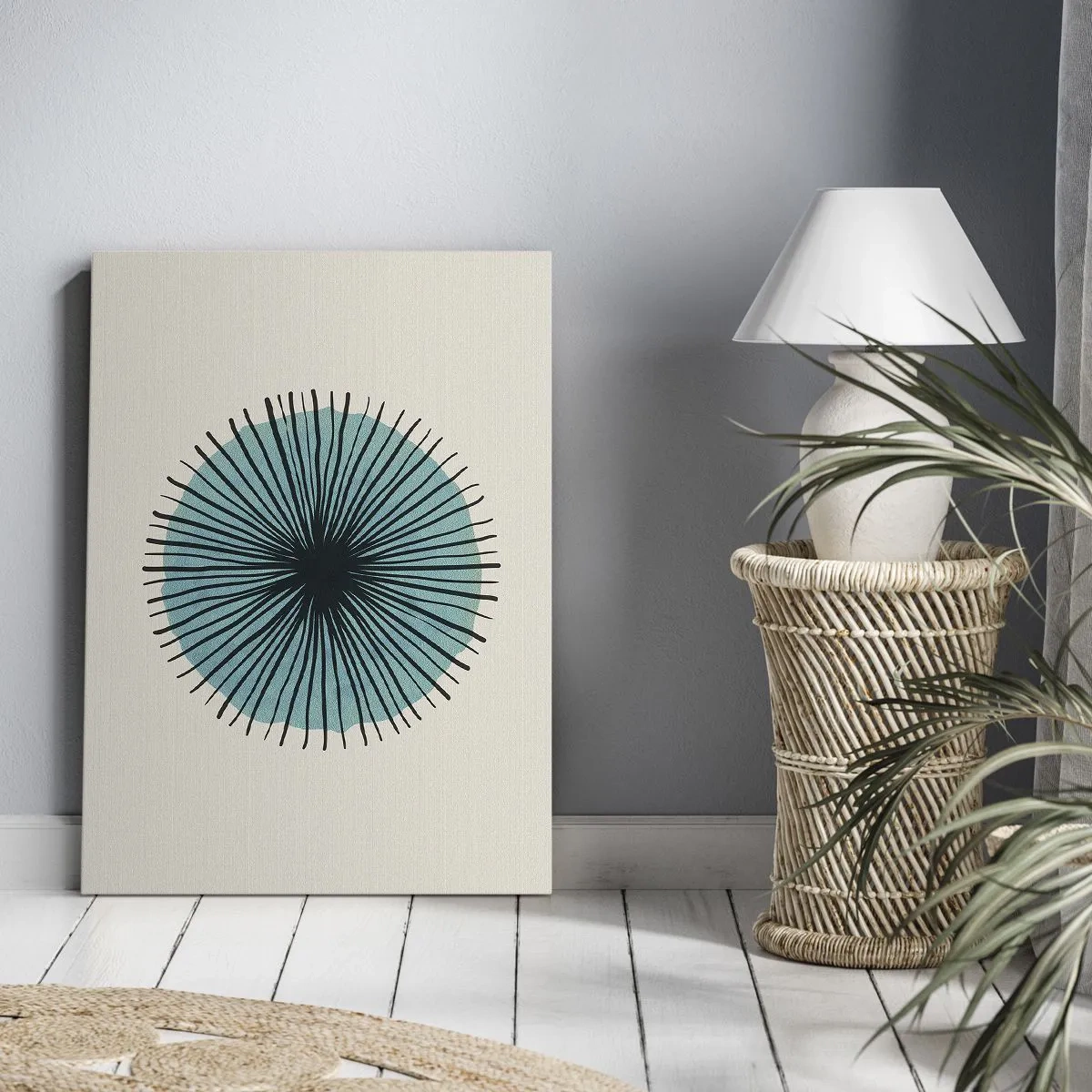 Impression sur toile - Image sur toile - Forme circulaire abstraite avec des rayons bleus - 50x70cm - Rayonnant dans l'azur - Décoration murale moderne pour le salon et la chambre ARTTOR
