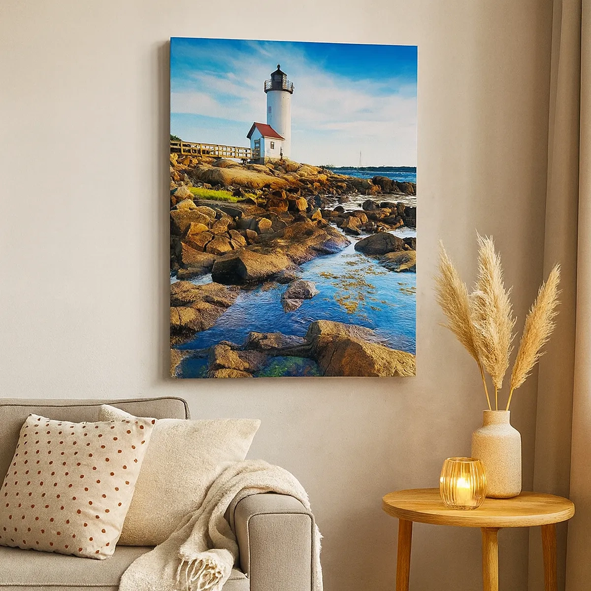 Impression sur toile - Image sur toile - Un phare sur une côte rocheuse par une journée ensoleillée - 50x70cm - Revenez heureux, j'attends - Décoration murale moderne pour le salon et la chambre ARTTOR