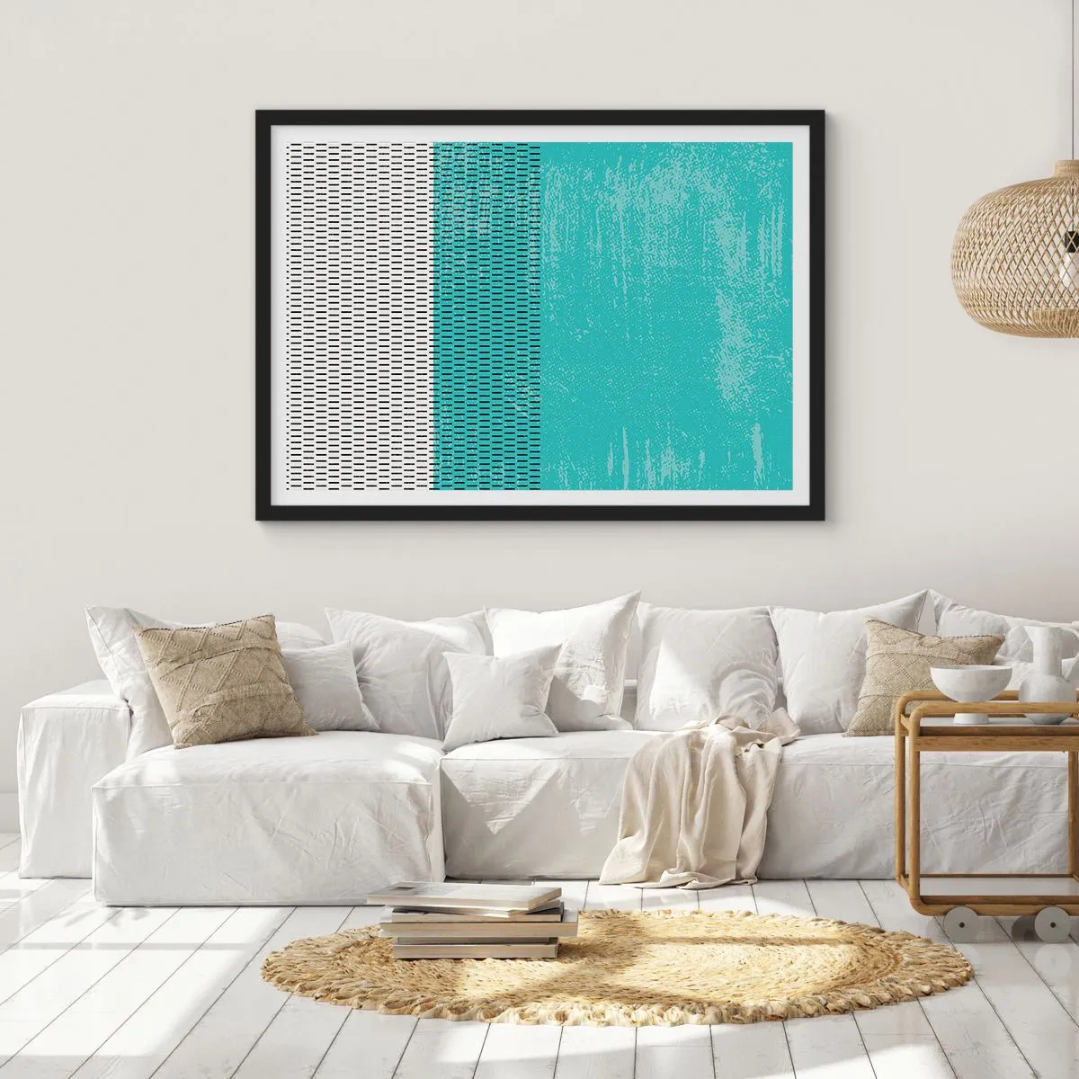 Affiche dans un cadre noir - Poster - Composition géométrique avec turquoise et lignes - 100x70cm - Composition équilibrée - Décoration murale moderne pour le salon et la chambre ARTTOR