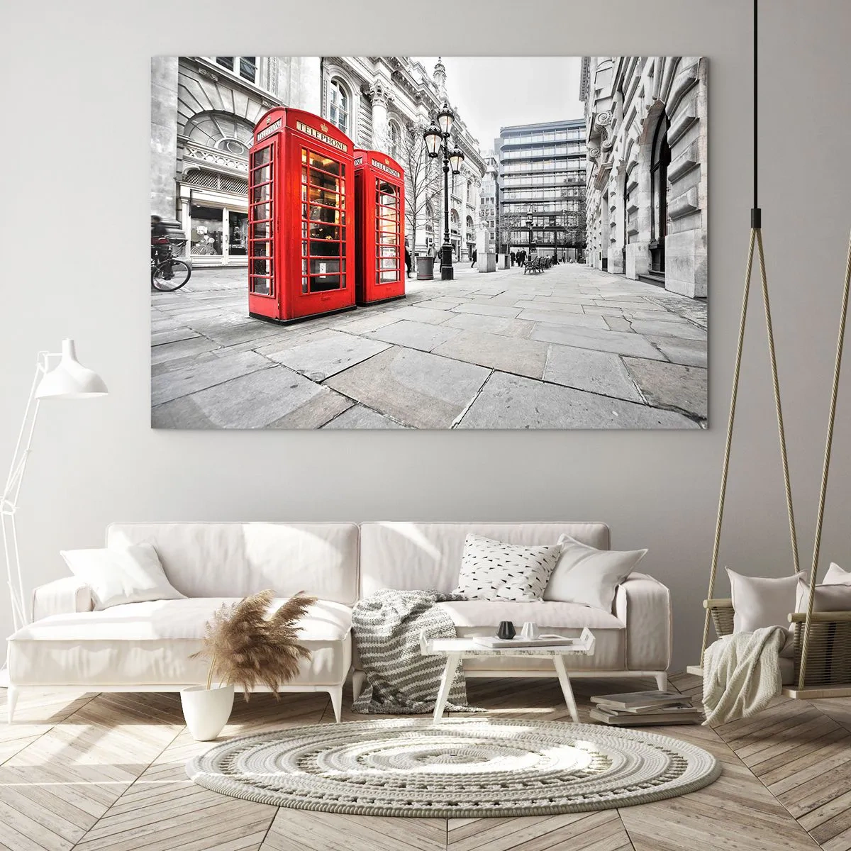 Impression sur verre - Image sur verre - Cabines téléphoniques rouges sur fond de rue - 70x50cm - Welcome to London - Décoration murale moderne pour le salon et la chambre ARTTOR