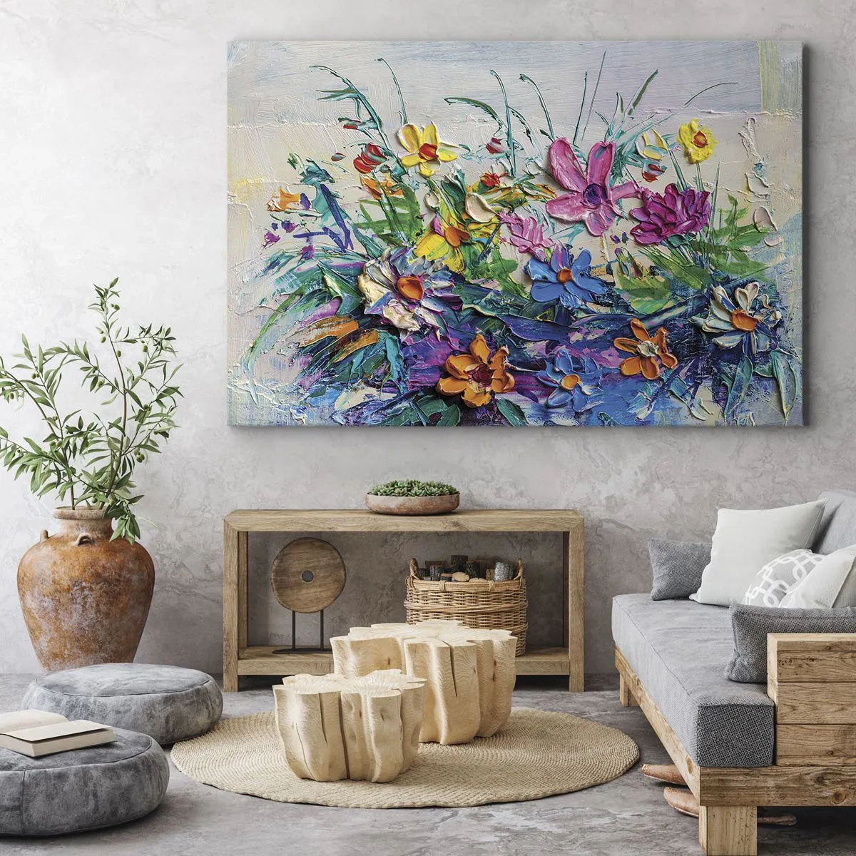 Impression sur toile - Image sur toile - Un bouquet de fleurs coloré peint selon la technique de l'empâtement - 100x70cm - Absolument pas une nature morte - Décoration murale moderne pour le salon et la chambre ARTTOR