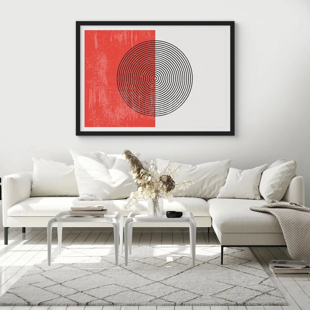 Affiche dans un cadre noir - Poster - Motif géométrique avec des cercles concentriques sur un fond rouge et blanc - 100x70cm - Dans le mille - Décoration murale moderne pour le salon et la chambre ARTTOR