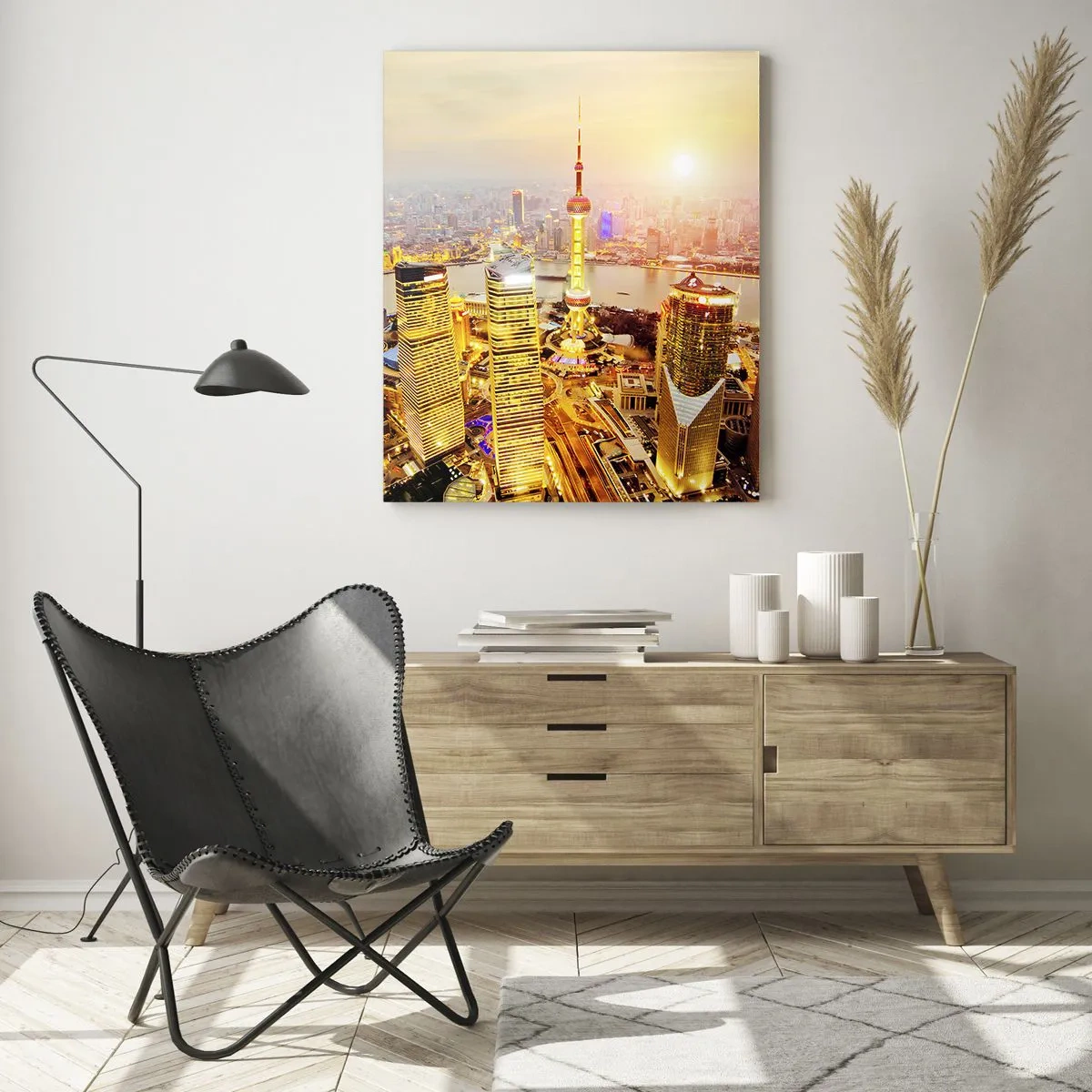 Impression sur verre - Image sur verre - Panorama de la ville avec des gratte-ciels au coucher du soleil - 80x120cm - Rêve asiatique - Décoration murale moderne pour le salon et la chambre ARTTOR
