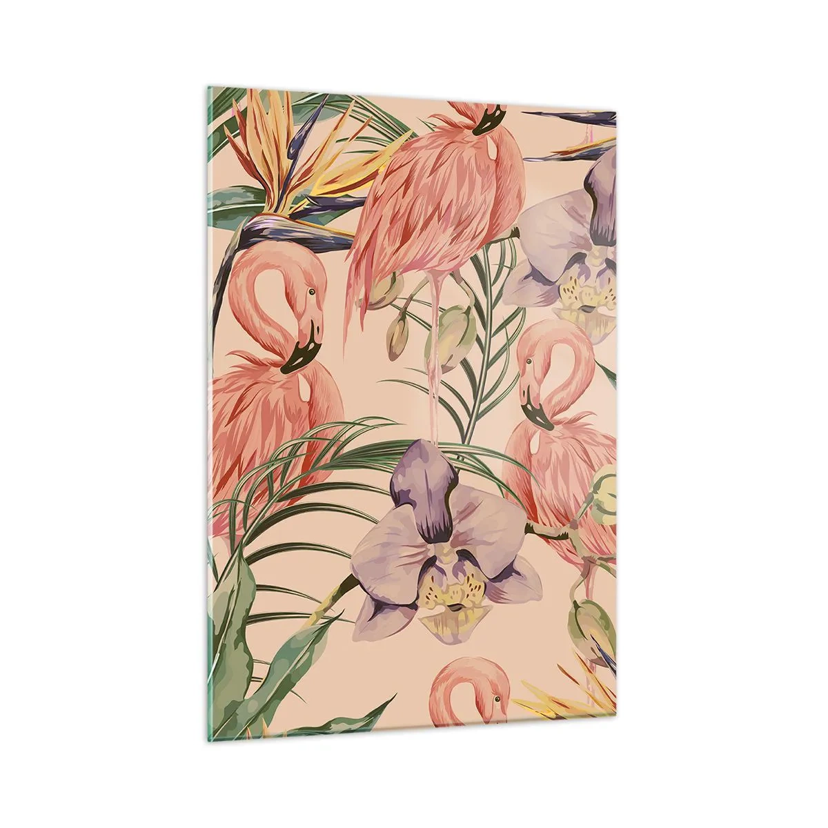 Impression sur verre - Image sur verre - Flamants roses entourés de fleurs et de plantes tropicales - 50x70cm - Ballet rose dans les fleurs - Décoration murale moderne pour le salon et la chambre ARTTOR
