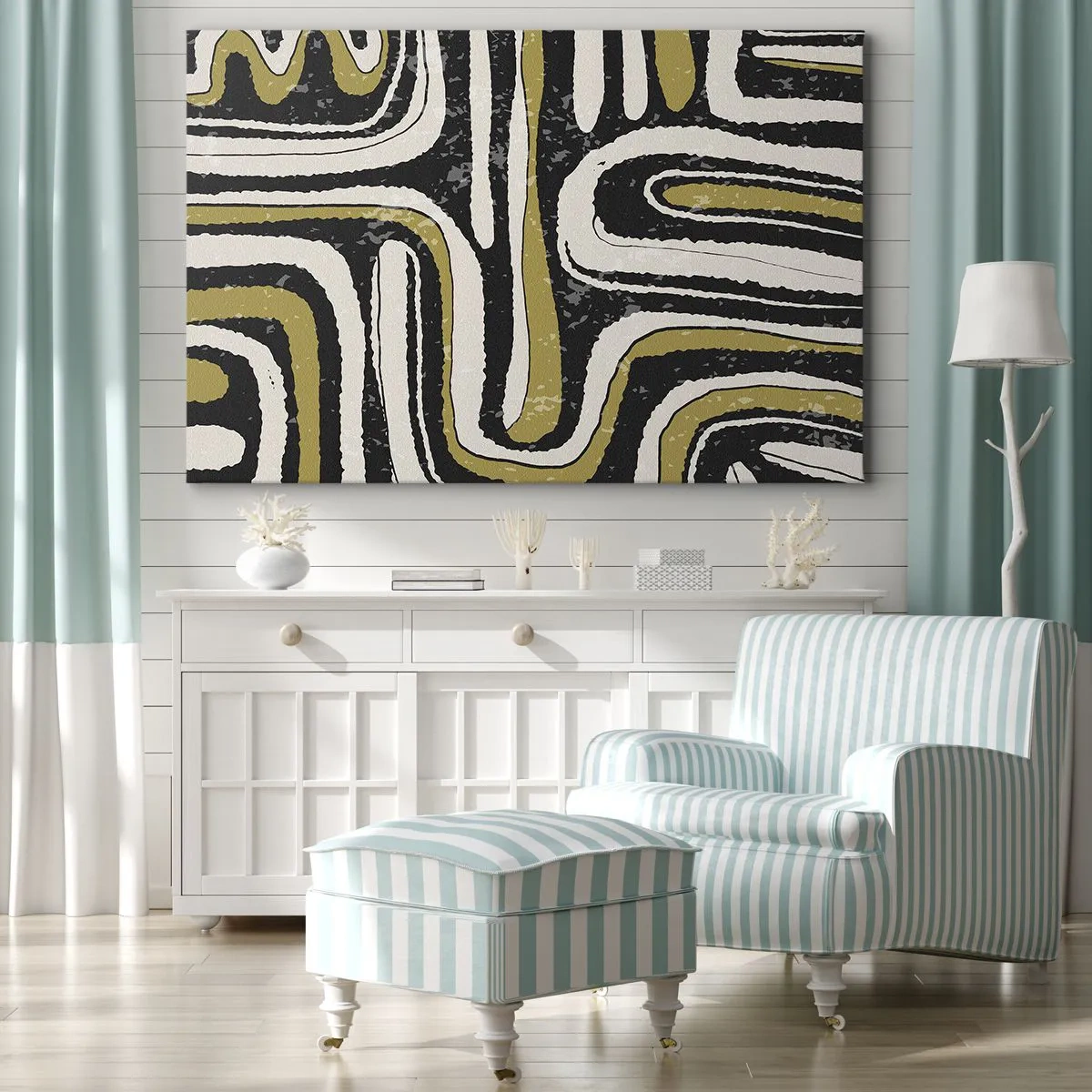 Impression sur toile - Image sur toile - Motif abstrait en noir, blanc et or - 100x70cm - Composition : routes et ruelles - Décoration murale moderne pour le salon et la chambre ARTTOR