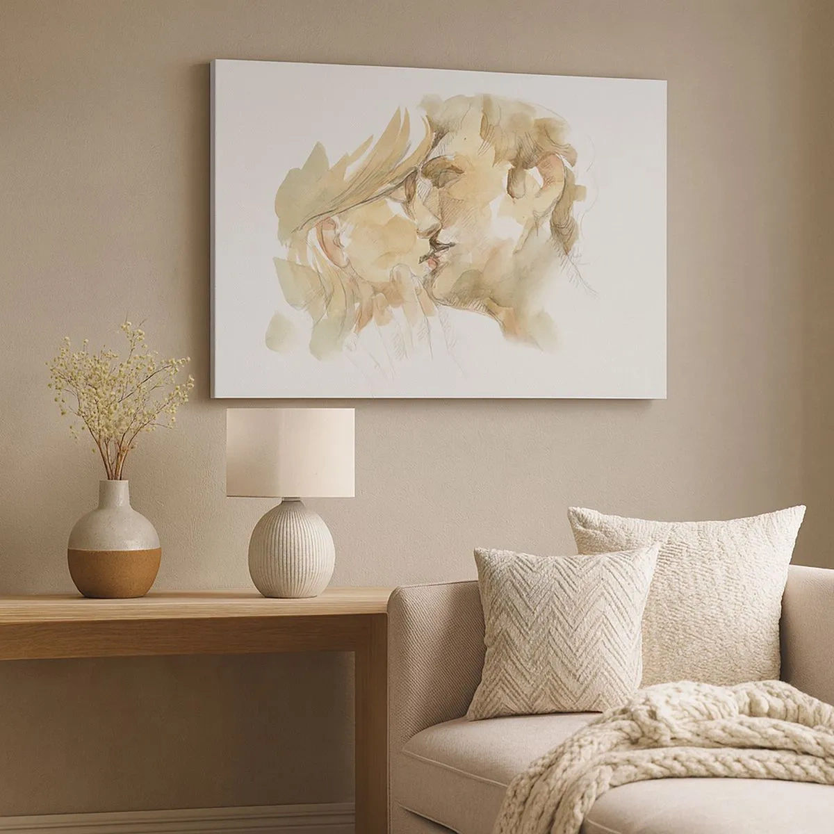 Impression sur toile - Image sur toile - Portrait romantique à l'aquarelle d'un couple s'embrassant - 70x50cm - A moitié trouvé ? - Décoration murale moderne pour le salon et la chambre ARTTOR